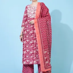 KIMAYRA Floral Printed Thread Work Pure Cotton Kurta with Palazzos & Dupatta-50