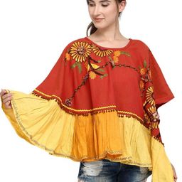 MESMORA FASHION Women Orange Floral Cotton Poncho-image-46