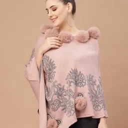 Mafadeny Women Peach-Coloured & Grey Poncho-31