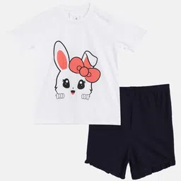 Wyld Sprog Girls White & Black Bunny Face Printed Cotton T-shirt with Shorts-24