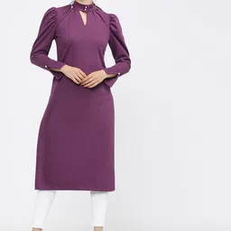 Vishudh Women Purple Yoke Design Keyhole Neck Flared Sleeves Mirror Work Kurta-picture-12