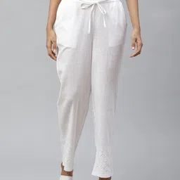 akheri Women White Tapered Fit Chikankari Embroidered Detail Regular Trousers-image-62