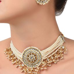 Zaveri Pearls Gold-Plated & White Kundan & Pearls Studed Multistrand Choker Jewellery Set-31