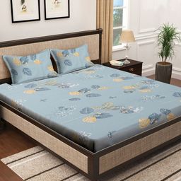 KLOTTHE Blue & Yellow Floral 400 TC Pure Cotton Double Bedsheet with 2 pillow cover-image-46