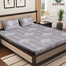 KLOTTHE Grey & White Floral Printed 400 TC Cotton Double Bedsheet with 2 Pillow Cover-image-36