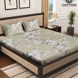 KLOTTHE Beige & White Floral Printed 400 TC Cotton Double Bedsheet with 2 Pillow Cover-image-67