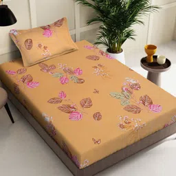 KLOTTHE Mustard Floral Printed Pure Cotton 400 TC Single Bedsheet With Pillow Cover-image-32