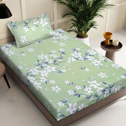KLOTTHE Green Floral Printed Pure Cotton 400 TC Single Bedsheet With Pillow Cover-image-72