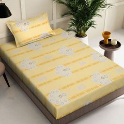 KLOTTHE Yellow Floral Printed Pure Cotton 400 TC Single Bedsheet With Pillow Cover-image-42