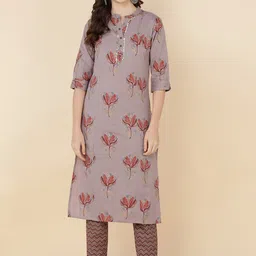 HERE&NOW Women Coffee Brown Floral Embroidered Straight Kurta With Trousers-image-29
