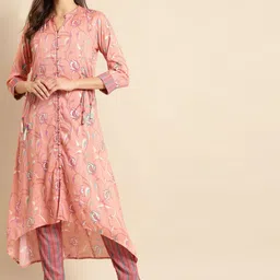 RANGMAYEE Women Pink Floral Printed Regular Liva Kurta with Trousers-picture-31