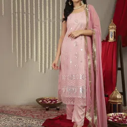 Varanga Women Pink & Silver Ethnic Embroidered Sequinned Kurta with Trousers & Dupatta-image-90
