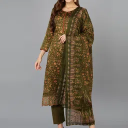 AHIKA Olive Green Floral Printed Thread Work Kurta with Trousers & Dupatta-picture-18