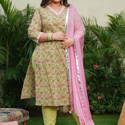 NANGALIA RUCHIRA Women  Plus Size Green Floral Printed Pure Cotton Kurta with Trousers & With Dupatta-picture-17