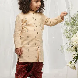 Tiber Taber Boys Peach-Coloured & Maroon Embroidered Pure Cotton Kurta with Dhoti-0