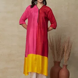 FASHOR Colourblocked V-Neck A-Line Kurta with Palazzos-image-14