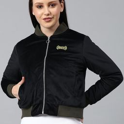 Campus Sutra Women Black Windcheater Crop Bomber Jacket-image-85
