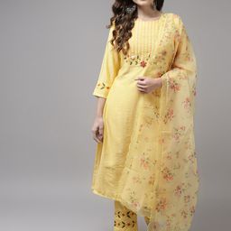 Indo Era Women Yellow Ethnic Motifs Yoke Design Regular Kurta with Trousers & Dupatta-image-86