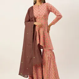 KALINI Floral Printed Gotta Patti Pure Cotton A-Line Kurta With Sharara & Dupatta-40