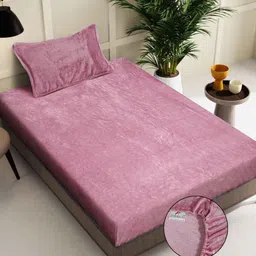 FABINALIV Pink 300 TC Woollen Fitted Single Bedsheet with 1 Pillow Cover-image-87