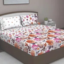 Orange Floral 180 TC Cotton Queen Sized Bed Sheets with 2 Pillow Covers by GM Fabrics-picture-28