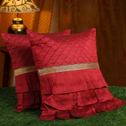 Red Textured Poly Satin 16 x 16 Inches Cushion Covers (Set of 2) by Hosta Homes-picture-8