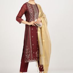 Vishudh Women Maroon Ethnic Motifs Regular Kurta with Palazzos & With Dupatta-26