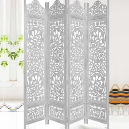 shilpi White Floral Flemish Handcarved Wooden Room Divider Four Panels-picture-25