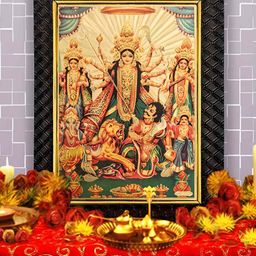 Hawai Gold-Toned & Green 24k Gold Plated Durga Ma Foil Embossed Wooden Wall Photo Frame-23