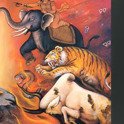 FRIZZY ARTS Black & Orange Wood Buddha With Animals Paintings Wall Art-image-73