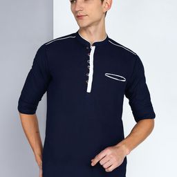 Kuons Avenue Linen Cotton Mandarin Collar Roll Up Sleeve Pathani Short Straight Kurta-picture-25