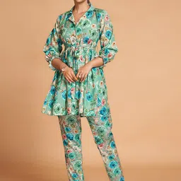 ODETTE Printed Shirt Collar Tunic With Trousers-image-83
