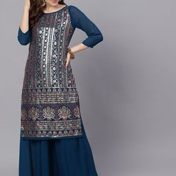 AKS Ethnic Motifs Embroidered Sequinned Georgette Straight Kurta With Palazzos-picture-12