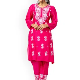 FAWOMENT Ethnic Motifs Embroidered Regular Chikankari Straight Kurta With Palazzos-picture-6