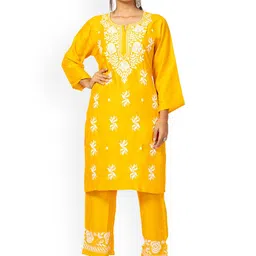 FAWOMENT Ethnic Motifs Embroidered Regular Chikankari Straight Kurta With Trousers-picture-28