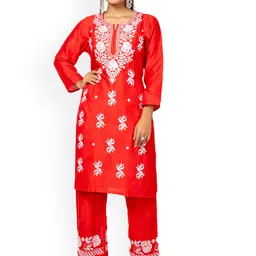 FAWOMENT Ethnic Motifs Embroidered Regular Chikankari Straight Kurta With Palazzos-picture-18