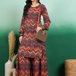 Sangria Red & Yellow Chevron Printed Round Neck Straight Kurta With Palazzo-image-76