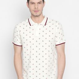 Basics Men Off White Floral Printed Cotton Polo Collar Slim Fit T-shirt-picture-24