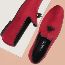 FAUSTO Men Red Textured Velvet Loafers-image-36
