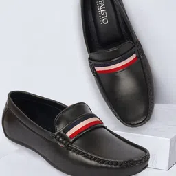 FAUSTO Men Black Colored Stripe Design PU Loafers-image-68