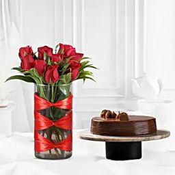 Red Roses Vase & Truffle Cake Combo-image-61