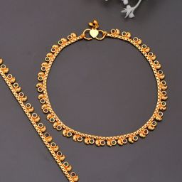 Silvermerc Designs Set Of 2 Green Gold-Plated Artificial Stones-Studded & Beaded Enameled Mango Anklets-image-5