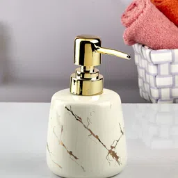 Kookee White & Gold Toned Abstract Printed Glossy Finished Ceramic Soap Dispenser 250 ml image 1