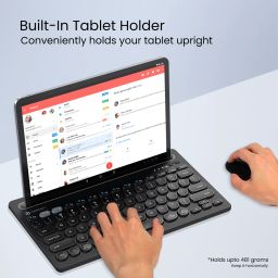 Black Portronics Bubble Dock tablet wireless keyboard, featuring dual wireless connectivity with 2.4 GHz and Bluetooth for a stable, lag-free typing experience on multiple devices. image 3
