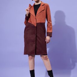 Athena Women Rust & Brown Colourblocked Suede Trench Coat-image-34