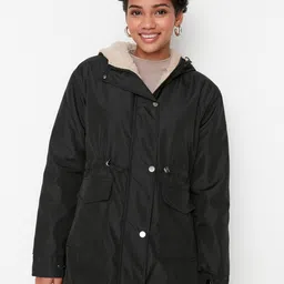 Trendyol Single-Breasted Faux Fur Trim Hooded Overcoat-image-59