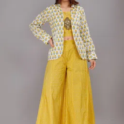 HIGHLIGHT FASHION EXPORT Printed  Pure Cotton Lapel Collar Top With Flared Palazzos & Jacket Co-Ords-18