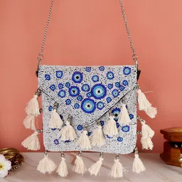 Swisni White & Blue Embellished Envelope Clutch-picture-36