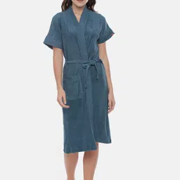 GOLDSTROMS Teal Blue Cotton Tie-Up Detail Bath Robe-image-2