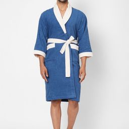 SPACES Unisex Blue & White Solid Pure Cotton Bath Robe-6